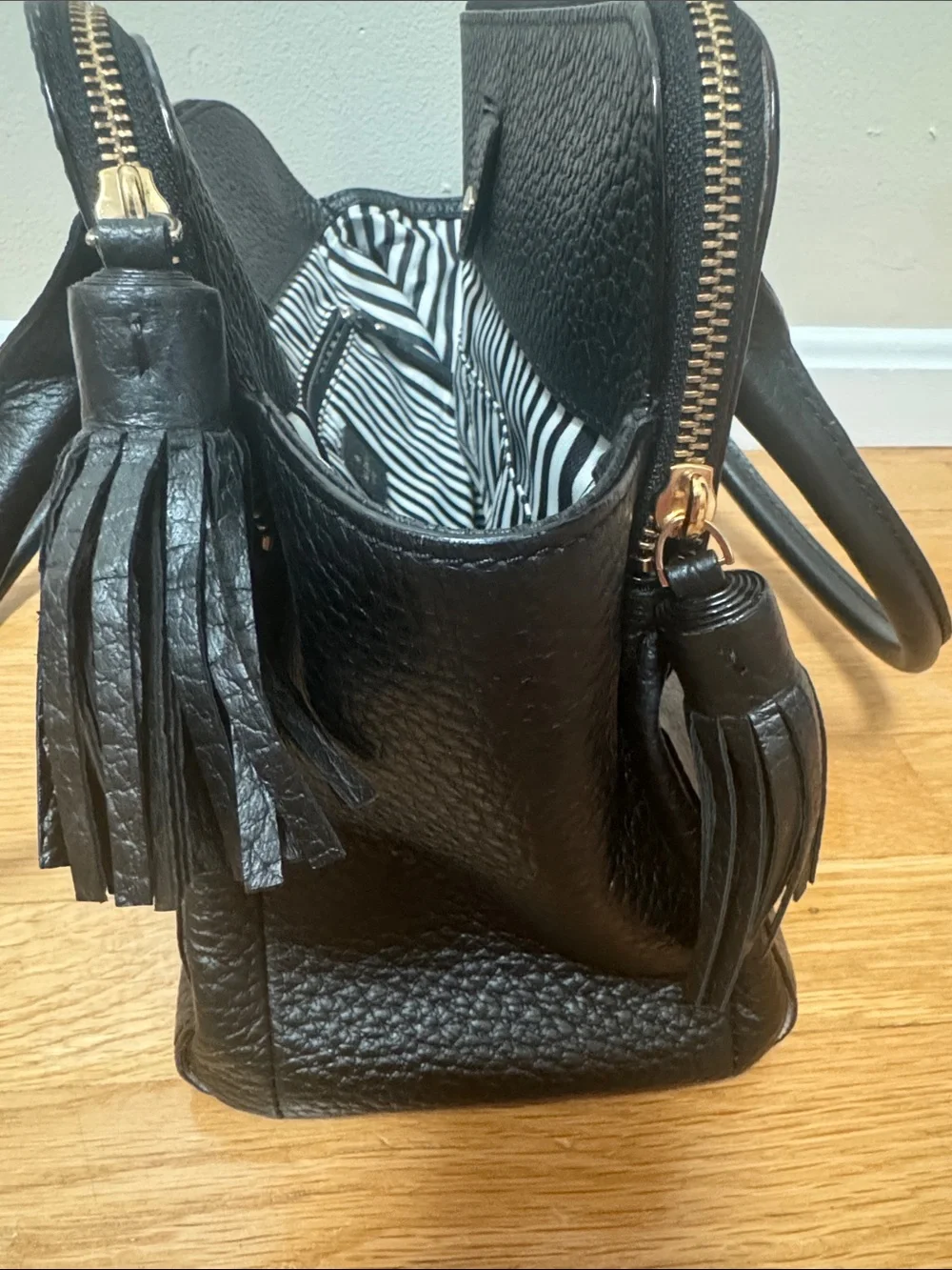 kate spade Black Pebbled Leather Satchel with Tassel